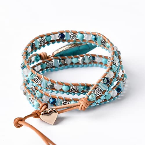 YGLINE Boho Handmade Wrap Leather Tube Crystal Stone Bracelet for Women - color: Turquoise-3 wrap