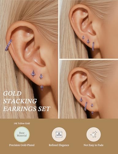 GEORGE · SMITH Stackable Kite Stud Earrings Set for Women, Gold & Silver Huggie Birthstone Jewelry with Emerald Green & Blue Sapphire, Trendy Earrings for Women 2025 - color: Silver,Purple CZ