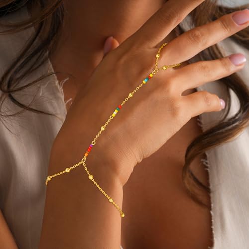 Hand Chain Bracelets for Women - 14K Real Gold Plated Dainty Stackable Paperclip Link Bracelets Hand Chain Bracelet Ring Gold Bracelets for Women Trendy - color: Colorful Beaded Hand Chain