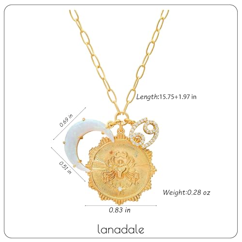 Dainty Gold Zodiac Embossed Coin Opal Crescent Moon Charm Necklace for Women Trendy 18K Gold Plated Retro Paperclip Chain 12 Constellation Horoscope Necklaces Astrology Jewelry Gifts - style: 4.CANCER (JUN 21-JUL 22)
