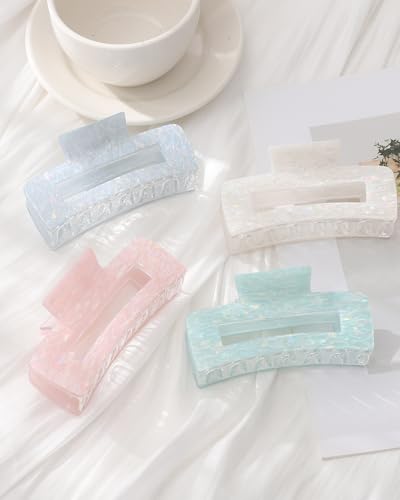 4Pcs Large Acrylic Hair Claw Clips, Nonslip Cute Hair Clips for Thick Hair and Long Hair, Rectangle Marble Claw Clips Hair Accessories for Women and Girls - color: White + Pink + Blue + Cyan