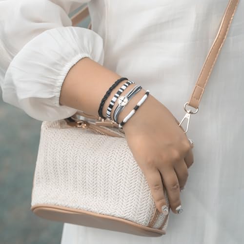 FANCY SHINY Boho Nautical Compass String Bracelets Beaded Clay Beads Bracelet Stackable Friendship Bracelets Summer Beach Outfits for Women Girls - color: Black