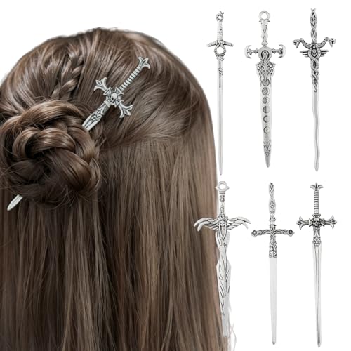 6PCS Sword Hair Pins for Women, Metal Hair Sticks Set, Decorative Hair Pins for Bun Updo, Fantasy Gothic Medieval Renaissance Hair Accessories, Hair Sticks for Long Thick Hair - color: Design-10