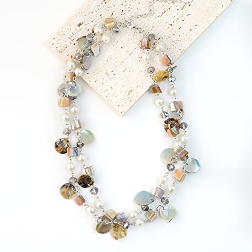 Noessla Layered Beaded Chunky Necklace for Women Boho Two-color Shell Statement Necklace Fashion Collar Costume Jewelry Gifts for Mum - color: 14-Natural