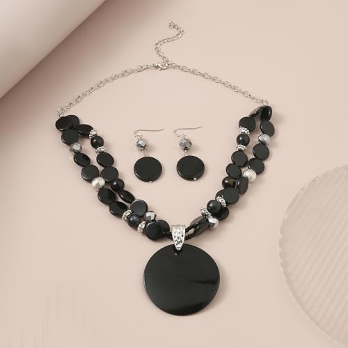 Layered Beads Statement Fashion Necklace Chunky Jewelry Set Big Colorful Glass Stone Circle Shell Pendant Choker Necklace and Earring Set for Women - color: black