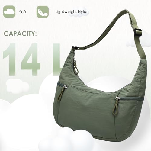 VASCHY Crossbody Crescent Bag for Women, Casual Lightweight Nylon Large Slouchy Hobo Bags Purses for Travel/Gym/Work/College - color: Deep Green
