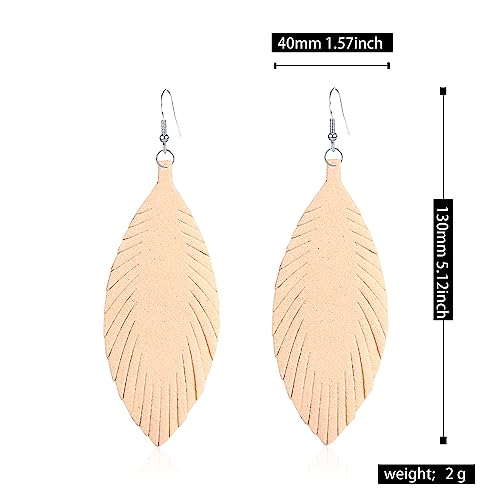 Large Genuine Soft leaf Leather Handmade Fringe Tassel Feather Lightweight Tear Drop Dangle Color Earrings for Women - color: Beige
