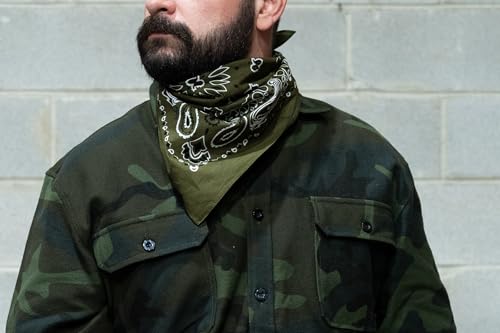 Rothco Trainmen Paisley Bandana 27” x 27” Extra‑Large 100% Cotton Head Wrap Scarf Multi‑Use - color: Olive Drab
