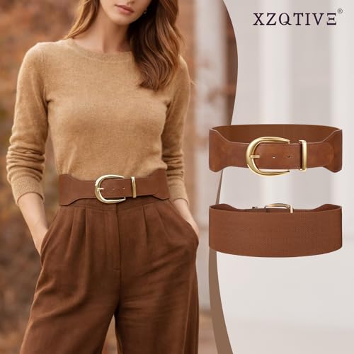 XZQTIVE Women Wide Elastic Waist Belt for Dresses Fashion Cinch Belts Stretchy Waistband with Gold Buckle - color: Brown, size: Fit Waist Size 34"-37"
