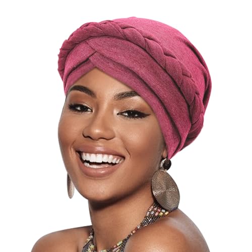 DRESHOW Turban Pre-Tied Twisted Hat Thread African Head Wraps for Black Women Chemo Cancer Cap Braid Hair Cover - color: 1 Pc Twisted Braid: Begonia Red