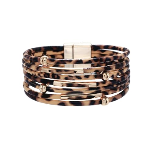 Caiyao Simple Beaded Leather Wrap Bracelets for Women Leopard Print Trendy Layered Stackable Buckle Bohemian Wrist Cuff Bangle Jewelry - color: Brown