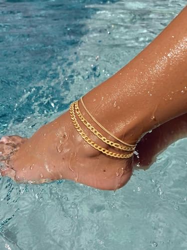 FindChic Black/Silver/Gold Plated Anklets Set of 2PCS/3PCS Herringbone Chain Cuban Link Heart Charm Sparkling Tennis Ankle Bracelets, Waterproof Summer Foot Jewelry for Beach - color: 02: Gold-3PCS Layered Cuban & Figaro