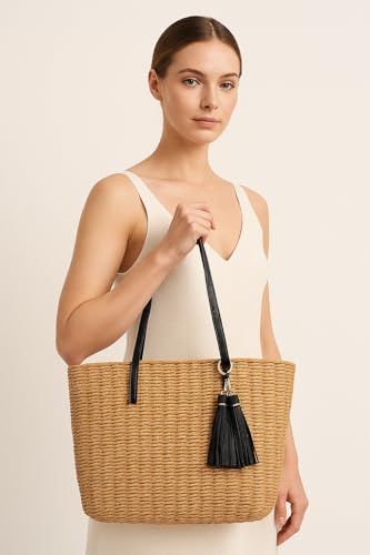 YXILEE Straw Bags For Women | M Size Travel Straw Totes Bag Woven Summer Handmade Shoulder Bag Handbag - color: Black