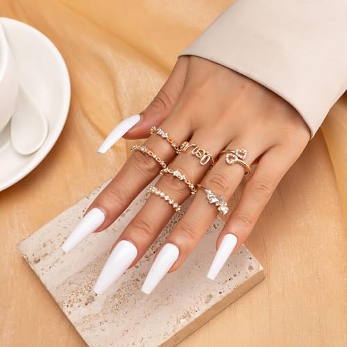 INENIMARTJ Boho Rings for Women Teen Girls,Gold Stacking Rings Set Vintage Knuckle Stackable Moon Star Snake Butterfly Heart Flower Leaf Top Finger Rings - color: L