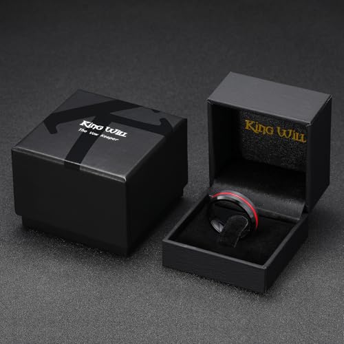 King Will Mens Tungsten Rings for Men Two Tone Grooved Mens Wedding Band Cool - color: Black & Red 6mm