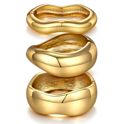 Chunky Gold Bangle Bracelets for Women Trendy 14K Gold Plated Cuff Bracelets Stack, Dainty Gold Bracelet Sets Non Tarnish Fashion Jewelry Gift - style: Gold-3pc-008
