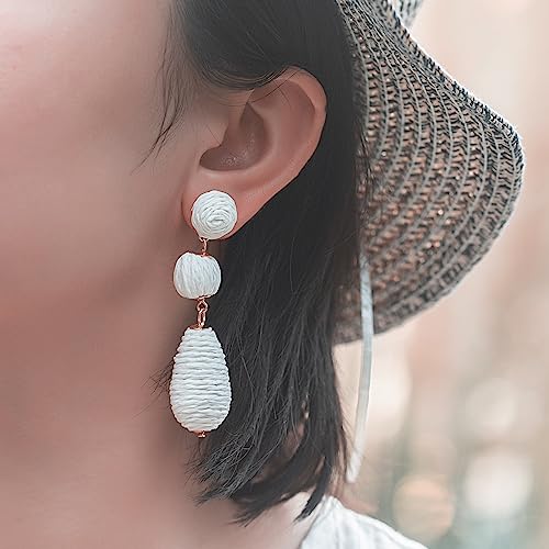 Boho Raffia Earrings Statement Dangle Earrings Cute Teardrop Ball Earrings Colorful Summer Jewelry Handmade Rattan Earrings for Women - color: White