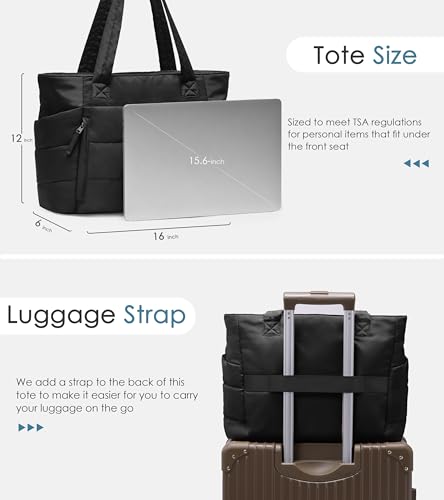 Tote Bag for Women with Zipper, Quilted Puffer Tote Bag with Compartments, Lightweight Puffy Work Bags for Women Travel - color: Black