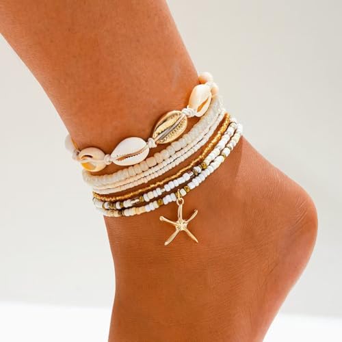3PCS Boho Anklets for Women Summer Beach Women's Ankle Bracelets Beaded Anklet Bracelet Waterproof Beach Anklets Shell Starfish Anklet Foot Chain Jewelry for Women - color: Shell