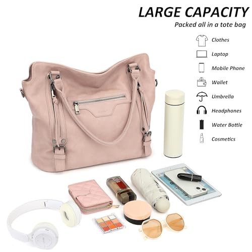 TANTOMI Tote Bag for Women Vegan Leather Purses and Handbags Ladies Waterproof Big Shoulder Bag for Travel - color: Pink-side Pockets