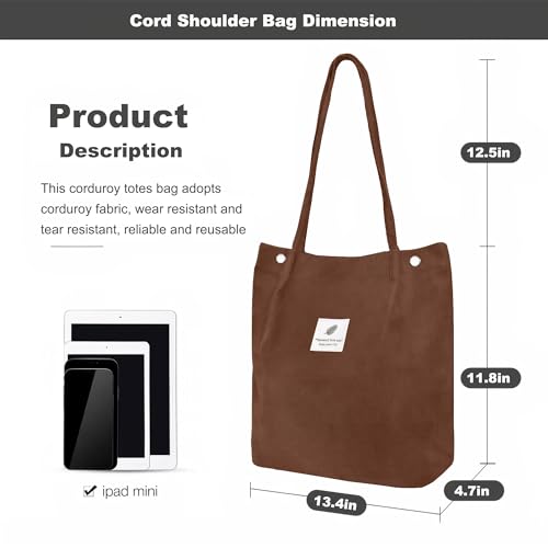 Corduroy Tote Bag for Women Small Canvas Shoulder Purse Cord Handy Bag with Inner Pocket | with Front Pocket - color: 02 Brown