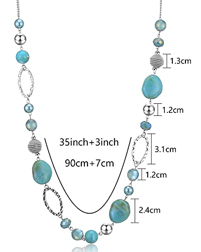 BULINLIN Beaded Long Necklace for Women Silver Sweater Chain Necklace with Crystal Resin Beads, Fashion Jewelry Necklace - color: Turquoise