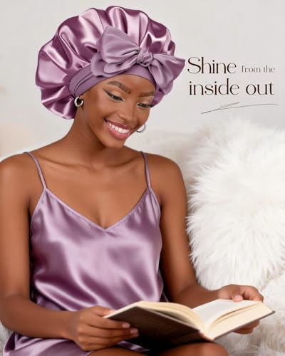 YANIBEST Adjustable Satin Bonnet for Sleeping Women Double Layer Hair Wrap Reduce Friction Prevent Frizz Natural Curly Hair - color: Purple
