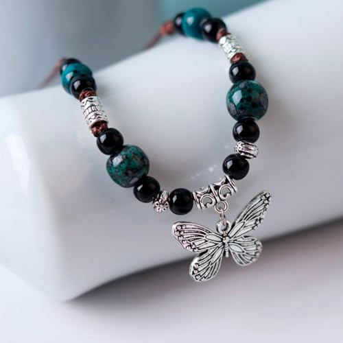 Boho Style Colorful Ceramic Bead Strand Necklace Adjustable Bohemian Jewelry Gift for Women, Fashion Clothing Matching Necklace - color: Teal-Black