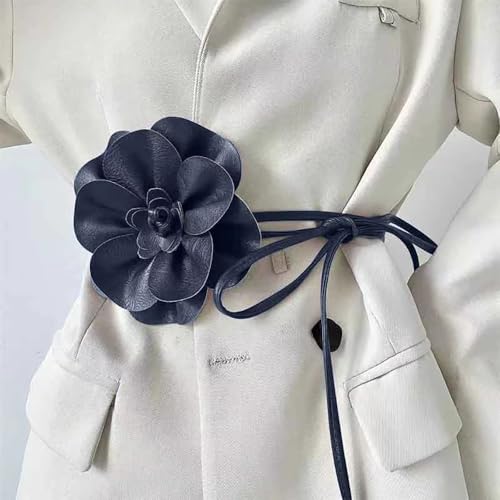 Boho Big Flower PU Leather Waist Belt Chain for Women Rose Floral Camellia Long Tassel Adjustable Waist Band Jewelry - color: Navy Blue