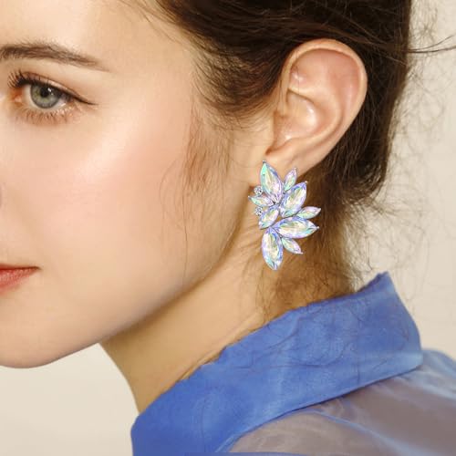 Bohemian Statement Sparkly Colourful Fancy Rhinestone Crystal Flower Dangle Drop Stud Earrings Vintage Wedding Bridal Prom Earrings for Women - color: Colorful White