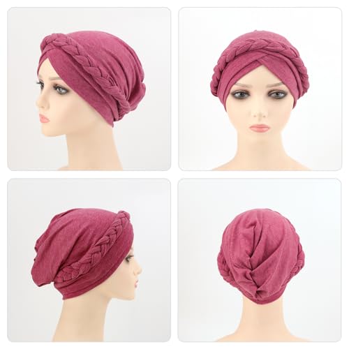 DRESHOW Turban Pre-Tied Twisted Hat Thread African Head Wraps for Black Women Chemo Cancer Cap Braid Hair Cover - color: 1 Pc Twisted Braid: Begonia Red
