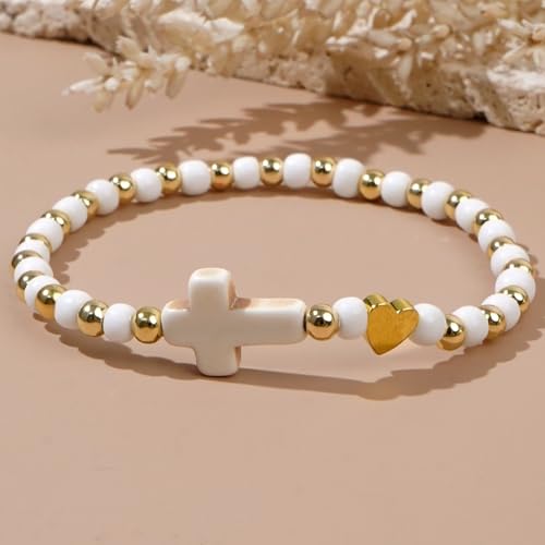 Gold Beaded Pearl Cross Stack Friendship Bracelets Set for Women, 4Pcs Boho Trendy Handmade White Beads Elastic Stretch Stackable Bracelet Prom Jewelry Gift.