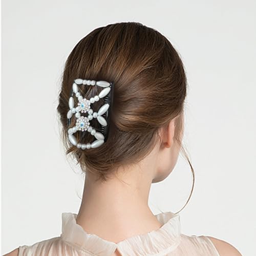 Quacc 2pcs Magic Bead Hair Combs Stretch Beaded Hair Combs Double Sided Clips Hair Comb for Women Girls DIY Hairstyling Hair Accessories (Black and White)