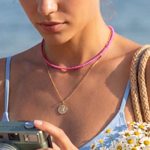 Boho Beaded Choker Necklace Colorful Short Necklaces Summer Beach Necklaces Jewelry for Women - color: Pink