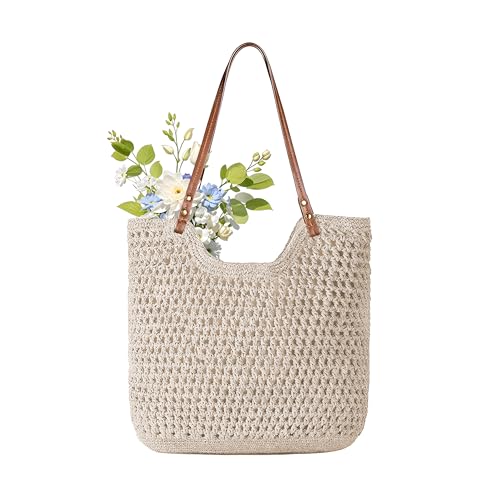 Crochet Beach Bag, Woven Tote Bag, Boho Bags for Women,Summer Purse with Zipper & Pocket - color: Beige