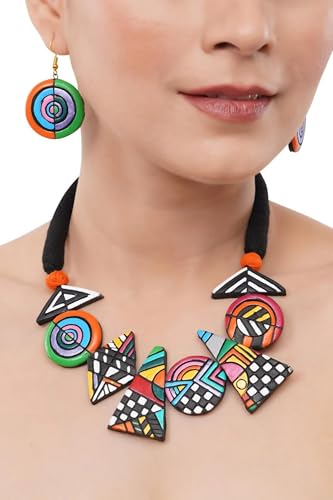 Bold Multicolor Geometric Terracotta Jewelry Set Hand-Painted Clay Necklace with Earrings | Artisan Handmade Statement Boho Jewelry for Women | Gift for Her - color: Multicolour Geometric