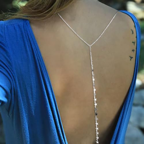 Star Sequin Backdrop Necklace for Women Backless Dress Back Necklace Stars Drop Back Chain Body Jewelry - color: Silver