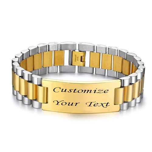 Custom Mens Bracelet Personalized Watch Band Engraved Name Bracelets for Men Customized ID Cuff Wristband Gift for Dad Husband - style: Gold&Silver-1.0cm