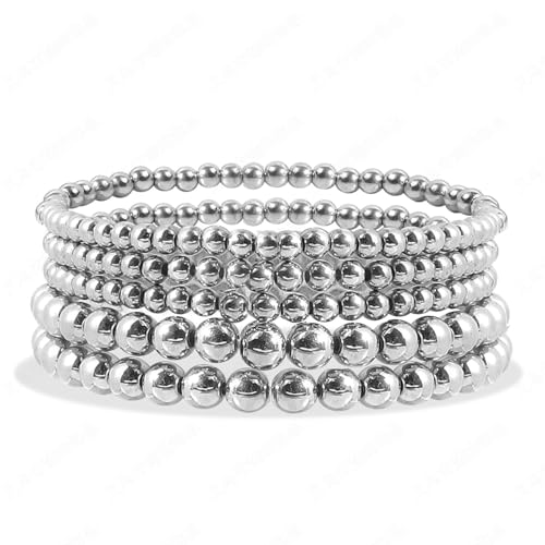 7PCS Layered Beaded Bracelets Set for Women Trendy Stretch Elastic Round Ball Beads Bangles Boho Chunky Gold Stackable Bracelets Dainty Jewelry for Gifts - color: Silver 5PCS