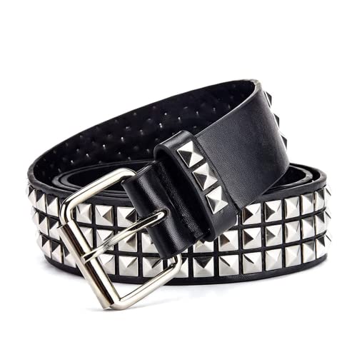 Studded Belt, Metal Punk Rock Rivet belt with Bright Pyramid Studded for Women Men - color: Black, size: Fit Pant 45-50 Inch