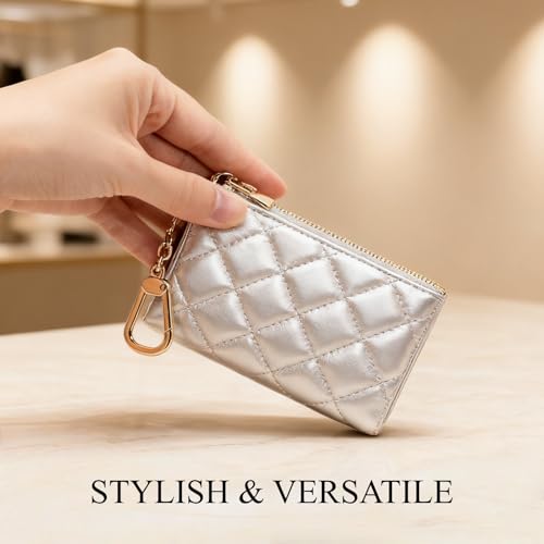 Quilted Leather Coin Purse with Keychain - Small Coin Pouch Key Pouch Small Card Holder Keychain Wallet Change Purse for Women and Men (Champagne Silver) - color: Champagne Silver