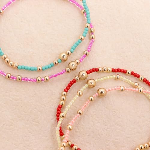 Gold Beaded Stackable Friendship Bracelets Set for Women, Handmade Boho Stretch Summer Jewelry Gift. - color: gold orange green red fuchsia yellow