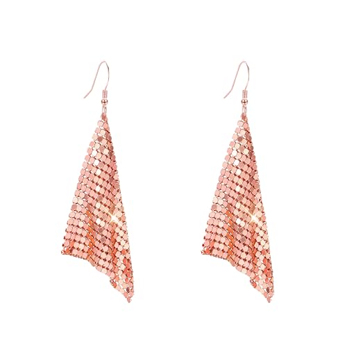 Sequin Earrings for Women Metal Mesh Grid Sequins Tassel Long Drop Dangle Earrings Trendy Charms Bridal Wedding Jewelry - color: Rose God