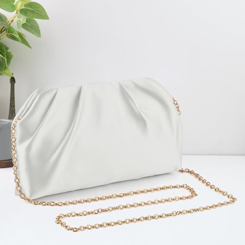 ERKOON Clutch Purse for Women Elegant Pleated Evening Bag Crossbody Shoulder Handbag Envelope Bag with 2 Detachable Chain - color: White