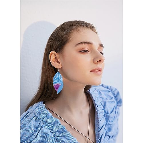ANXIN boho unique Leather Earrings 2 Layered Lightweight Faux Leather Leaf Earrings Layered Design Drop Earrings Gift for Women - color: Blue Faux Leather Leaf Earrings
