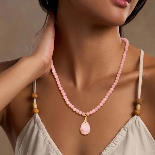 Healing Crystal Necklaces for Women Trendy Natural Stone Beaded Long Pendant Necklaces for Womens Handmade Bohemian Fashion Necklace Jewelry Gift - color: Rose Quartz
