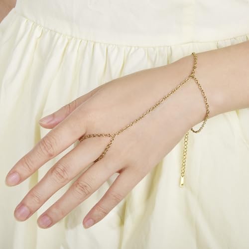 Hand Chain Bracelet Stainless Steel Finger Ring Bracelet Adjustable Gold Plated Hand Chain CZ Stackable Boho Minimalist Jewelry for Women - color: Gold Hand Chain Bracelet AN137G