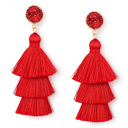 Me&Hz Colorful Layered Tassel Earrings Bohemian Statement Tiered Tassel Big Dangle Drop Earrings for Women Druzy Studs Valentine’s Day Gift - color: 01 Red