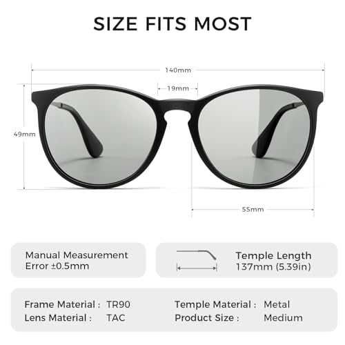 SUNGAIT Premium Vintage Round Sunglasses for Women Men Classic Retro Trendy Style - color: 17 Black Frame (Matte Finish)/Photochromic Lens