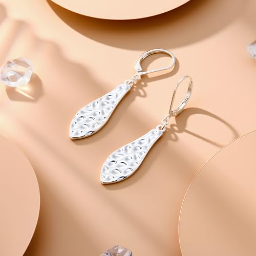 ALEXCRAFT Hammered Silver Dangle Earrings for Women, 14K Gold Plated French Leverback Earrings, Hypoallergenic Lightweight Statement Hammer Square Bar Long Drop Earing for Women Trendy Jewelry Gifts - color: SilverB